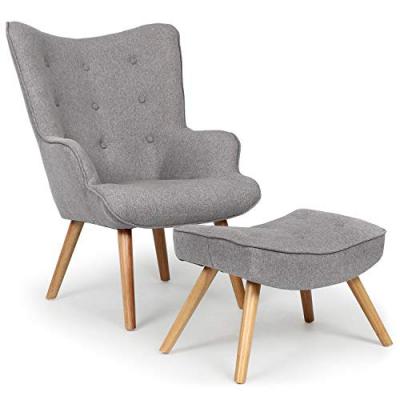 MENZZO Fauteuil scandinave + pouf lylou tissu gris clair