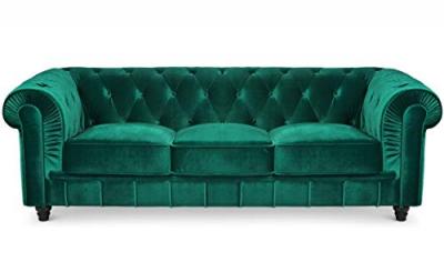 MENZZO Grand Canap&eacute; Chesterfield 3 places Velours Vert ANGOL