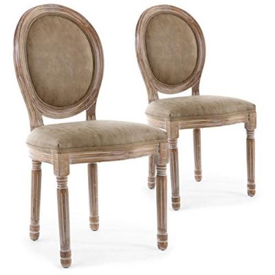 Lot de 2 chaises de style m&eacute;daillon Louis XVI Bois patin&eacute; & simili taupe
