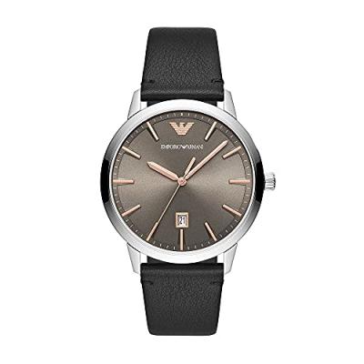 EMPORIO ARMANI Montre  &agrave; trois aiguilles, en cuir, noir
