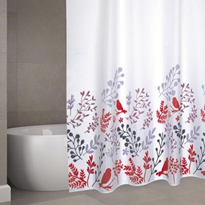 MSV Rideau de douche Polyester BIRDS 180x200cm Motifs Rouge & Blanc