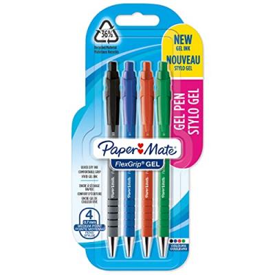 PAPERMATE Paper Mate FlexGrip stylos gel pointe moyenne (0,7 mm) encre noire bleue rouge et verte lot de 4