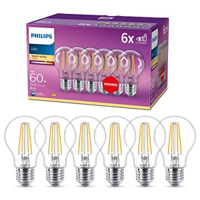 Philips, pack de 6 ampoules E27 LED transparentes 60W, blanc chaud