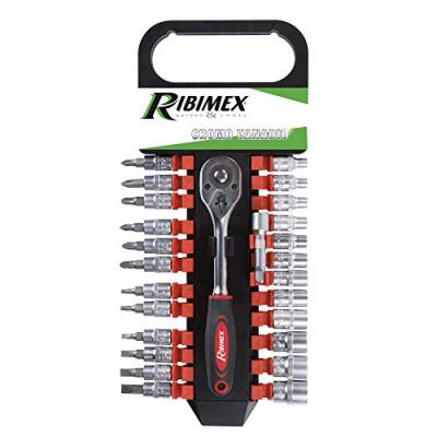 RIBIMEX Kit 26 pces cliquet + douilles+embouts+rallong 1/4" Chrome Vanadium ..