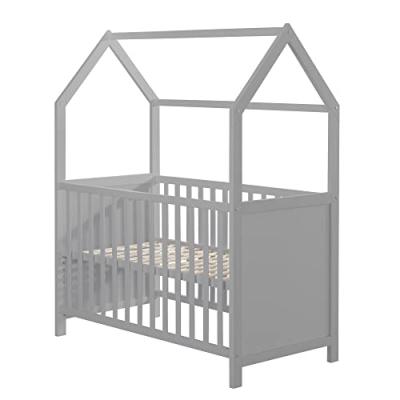 ROBA  Lit B&eacute;b&eacute; Cabane 60x120 cm + Plan et Matelas &agrave; langer - Convertible en Lit Cododo - Hauteur R&eacute;glable - Bois Laqu&eacute; Gris 