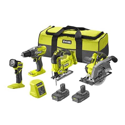 RYOBI  - pack 4 outils : Perceuse-visseuse &agrave; percussion 2 vitesses 18V one+ (R18PD3-0) - Scie sauteuse pendulaire 18 v one+ (R18JS-0) - Scie