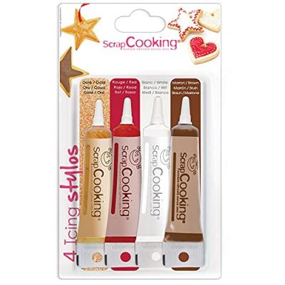  D&eacute;coration G&acirc;teau Scrapcooking 4 Stylos Or Choco Blanc Rouge 4x20g