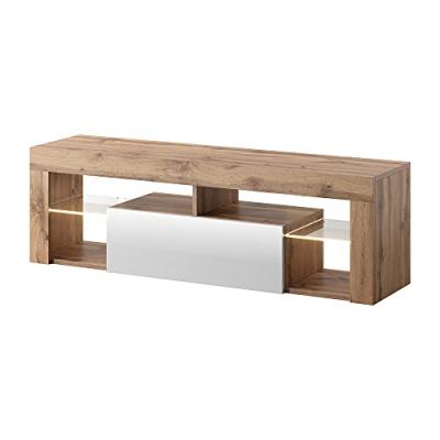 SELSEY Meuble tv / banc tv - Bianko - 140 cm - ch&ecirc;ne lancaster / blanc brillant - avec led
