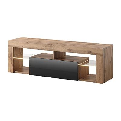 SELSEY Meuble tv / banc tv - Bianko - 140 cm - ch&ecirc;ne lancaster / noir brillant - avec led