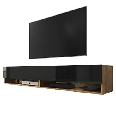 SELSEY  Wander - Meuble TV/Banc TV (ch&ecirc;ne wotan/Noir Brillant, 180 cm, sans LED)