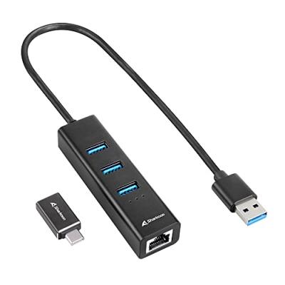 SHARKOON  3 Ports USB 3.2 GEN 1 Hub en Aluminium, Adaptateur Ethernet RJ45