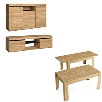 SKRAUT HOME Ensemble Natural, Salon, Salle &agrave; manger, buffet-meuble tv 140cm-table extensible ch&ecirc;ne-noir