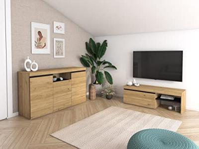 SKRAUT HOME Set Naturale salle &agrave; manger, meuble auxilier, buffet-meuble TV 120cm ch&ecirc;ne nordique noir