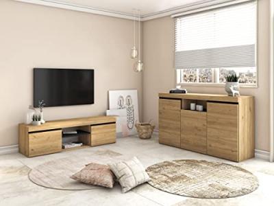 SKRAUT HOME Set Naturale salle &agrave; manger, meuble auxilier, buffet-meuble TV 140cm ch&ecirc;ne nordique noir