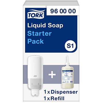 TORK Pack S1 Starter Distributeur de savon + recharge d'1 litre de savon liquide doux parfum&eacute;