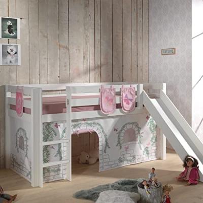  Lit toboggan 90x200 cm avec tente et 3 pochettes contra pin massif blanc Pino