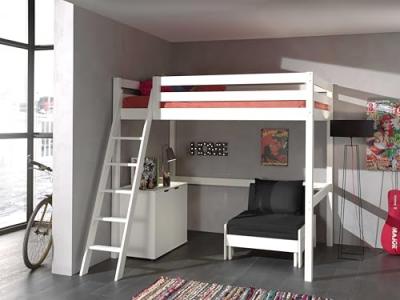 VIPACK Lit Mezzanine 140x200 Sommier Inclus - Commode 2 portes et Fauteuil Pino - Blanc