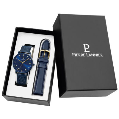 PIERRE LANNIER  Coffret Montre Essential Cadran Bleu Bracelet Cuir Bleu