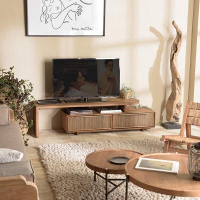 MACABANE  Meuble TV modulable 140x40cm 2 tiroirs en bois teck recycl&eacute;