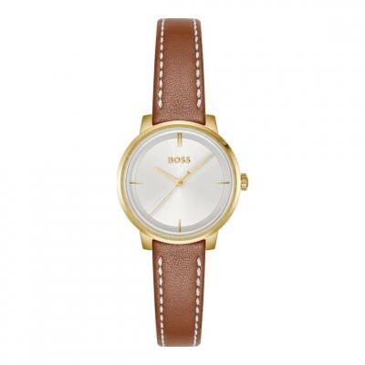 BOSS  Montre &agrave; cadran blanc argent&eacute; et bracelet en cuir Marron pcs. Women