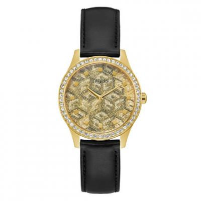 GUESS  G Gloss Montre Femme Acier Dor&eacute; Cuir Noir GW0608L2