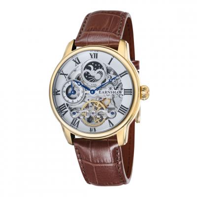  LONGITUDE Montre automatique bo&icirc;tier rond bracelet cuir v&eacute;ritable Marron
