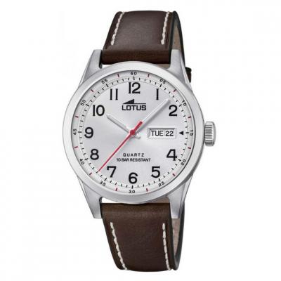 LOTUS Montre  L18671-1 - CLASSIQUE Dateur Bo&icirc;tier Acier Argent&eacute; Bracelet Cuir Marron Homme