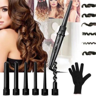  6 en 1 c&eacute;ramique multifonction Pro Curling Iron Wand Ensemble de bigoudis Pro Machine interchangeable avec baril de tourmaline Fer &agrave; friser avec gant 