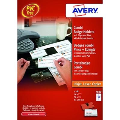 AVERY  - 4820 - 50 badges en plastique combi (pince m&eacute;tal + &eacute;pingle). 54x90mm.