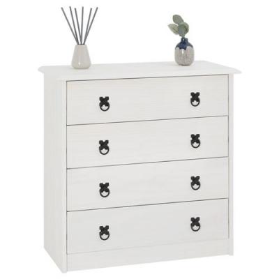 Commode en pin RESIDENCIA 4 grands tiroirs buffet bahut vaisselier en bois style mexicain lasur&eacute; blanc 