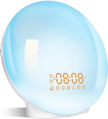  Radio Reveil Matin Lumi&egrave;re Lumineux LED Lampe de Chevet avec 20 Luminosit&eacute; Simulateur d'Aube et Aide-Sommeil Veilleuse 7 Sons Naturels 7 Couleurs 