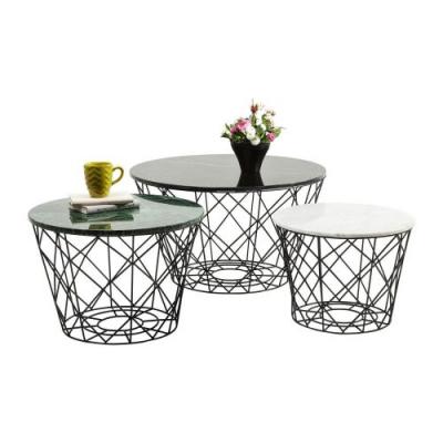 Tables basses - KARE - East rond 3/set - Marbre et acier nickel&eacute; - Blanc, Noir, Vert