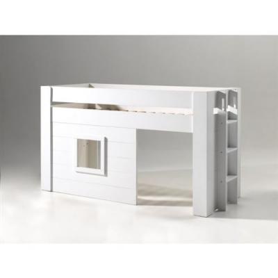 PARIS PRIX Vipack NOAH Lit mezzanine 90x200cm pin massif laqu&eacute; Blanc + Set de rideaux