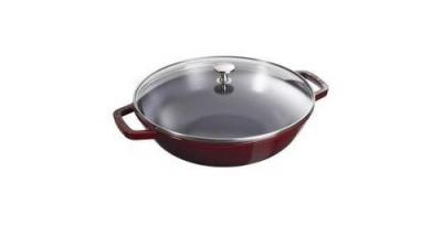  Wok en fonte emailee 30 cm couvercle en verre grenadine - staub 