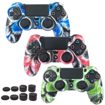 OEM Coque de protection en silicone avec 8 caps pour manette PS4/Slim/Pro - Camouflage vert 