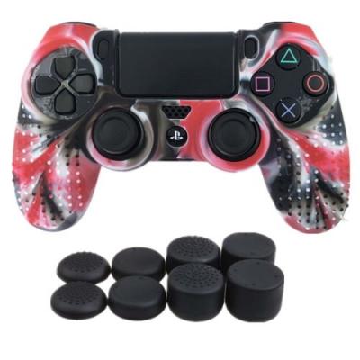 OEM Coque de protection en silicone avec 8 caps pour manette PS4/Slim/Pro - Camouflage rouge 