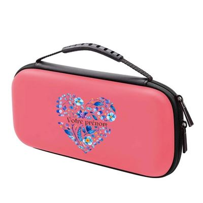 TAPERSO Etui Pochette Switch Lite Corail Coeur Et Fleur Bleu Avec Votre Pr&eacute;nom