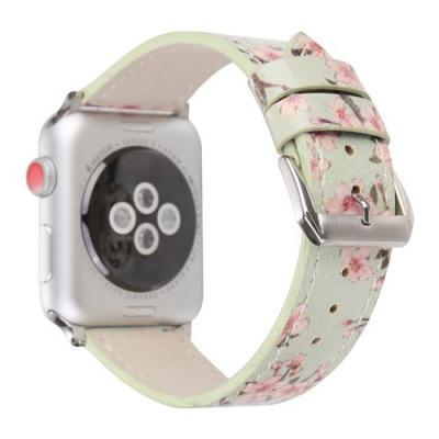  Bracelet de montre en cuir motif de fleurs pour Apple Watch Series 6/ SE/ 5/ 4 44mm - Vert 