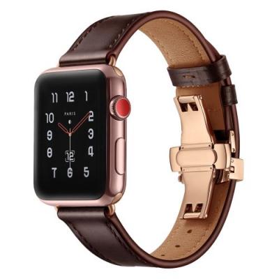 GENERIQUE Bracelet en cuir v&eacute;ritable boucle en or rose/marron fonc&eacute; pour votre Apple Watch Series 5/4 44mm/Series 3/2/1 42mm 
