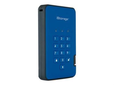  iStorage diskAshur&sup2; - Disque dur - chiffr&eacute; - 3 To - externe (portable) - USB 3.1 - 5400 tours/min - m&eacute;moire tampon : 8 Mo - FIPS 197, 256-bit AES-XTS - Bleu oc&eacute;an -