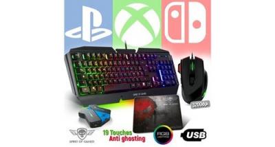 SPIRIT OF GAMER Pack clavier pro-k5, souris rgb et tapis pour console ps4, xbox one, switch - convertisseur inclus