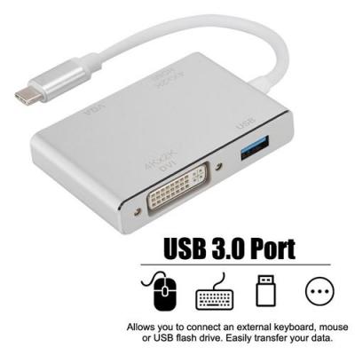 GENERIQUE Tonysa Hub USB, 4 en 1 Type-C vers HDMI + VGA + DVI + USB3.0 Port Hub Convertisseur Adaptateur Compacte Support 