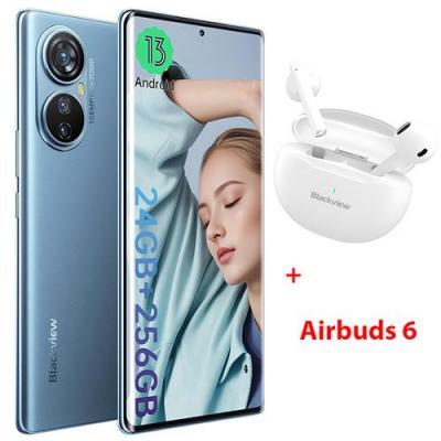 BLACKVIEW Smartphone A200 Pro 108MP 6.67 2.4K &eacute;cran incurv&eacute; 24Go+256Go Android 13 Bleu avec Ecouteur Bluetooth  Airbuds 6 Blanc 