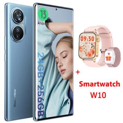 BLACKVIEW Smartphone A200 Pro 108MP 6.67 2.4K &eacute;cran incurv&eacute; 24Go+256Go 5050mAh Android 13 Bleu avec Smartwatch  W10(Rose) 