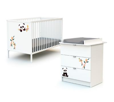 WEBABY Ensemble lit b&eacute;b&eacute; 60x120 cm et commode &agrave; langer 3 tiroirs PANDA Blanc