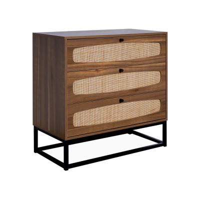 Commode r&eacute;tro en d&eacute;cor bois et cannage 3 tiroirs