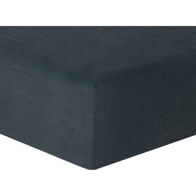 FEBRONIE Drap housse lin lav&eacute; bleu nuit 140x190x30