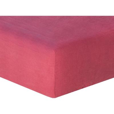 FEBRONIE Drap housse lin lav&eacute; rose framboise 180x200x40