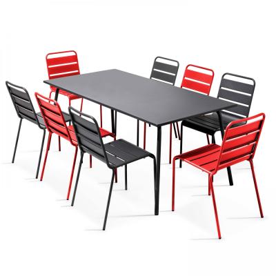 OVIALA Palavas - ensemble table de jardin et 8 chaises en m&eacute;tal gris et rouge