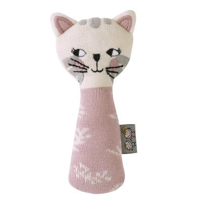 SEVIRA KIDS Hochet tricot&eacute; en coton bio- chaton- rose HOCHET-TRICOT-UK-CHAT-ROSE